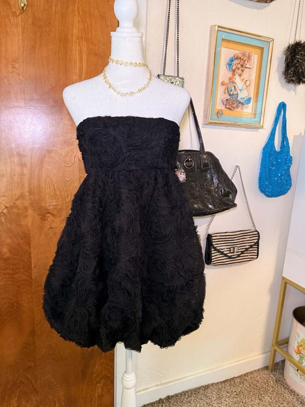 Zara Black Rosette Textured Strapless Puff Mini Dress S